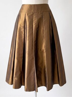 Talbots VTG Pure Silk Bronze Copper Iridescent Pleated A-line Midi Skirt Sz 6